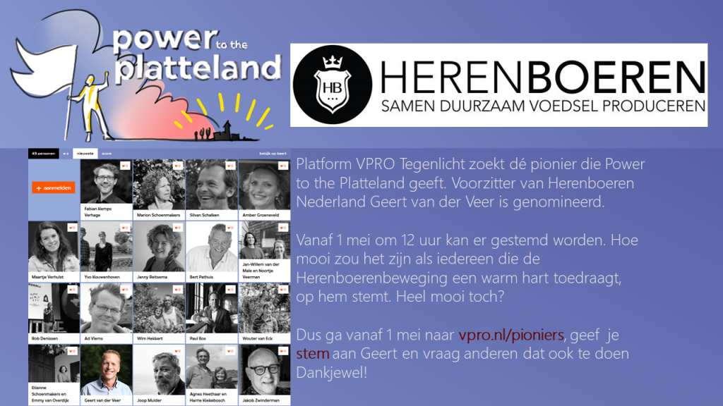 Platform VPRO Tegenlicht zoekt de pionier die Power to the Platteland geeft. Geert van der Veer is genomineerd.